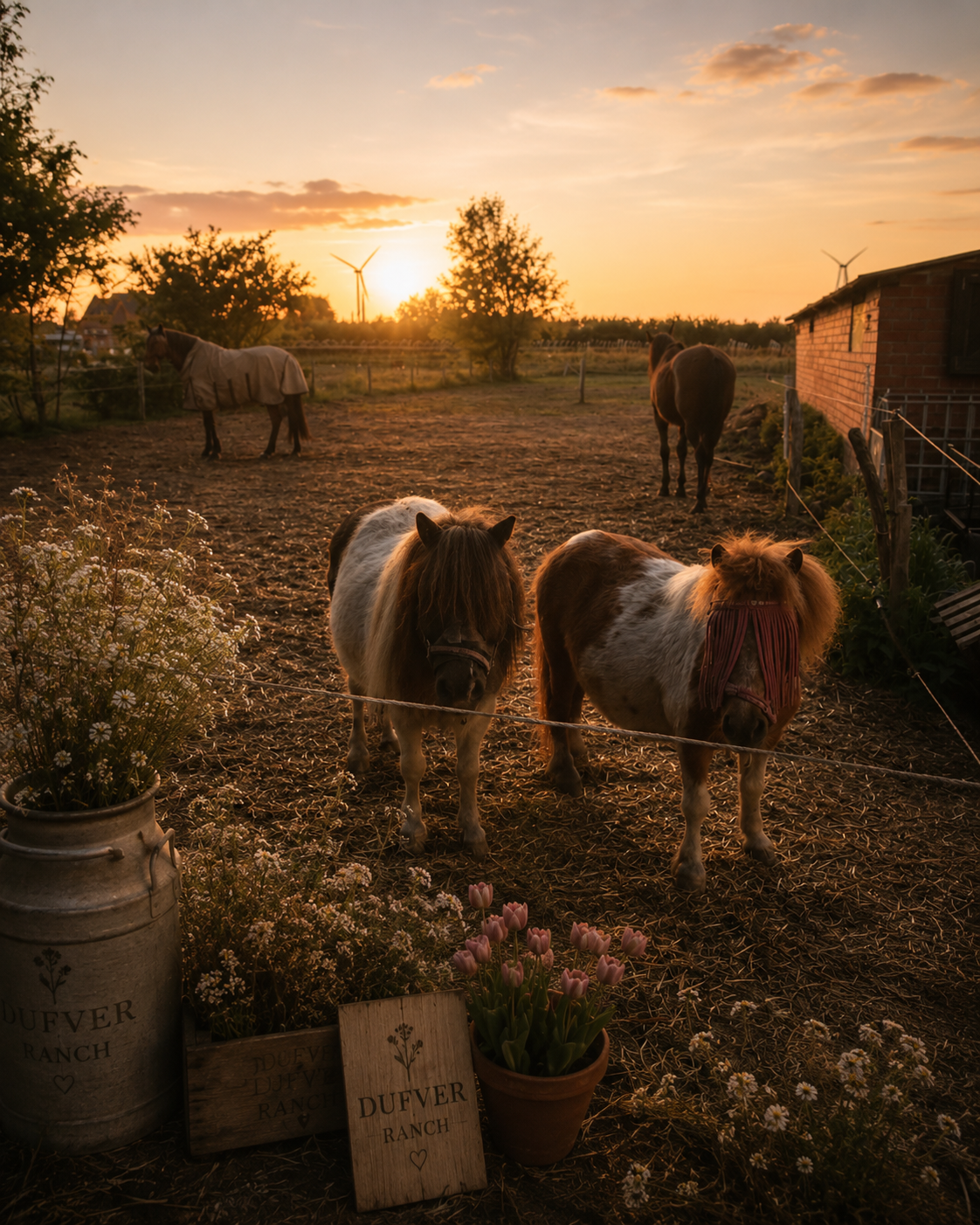 de ponys genieten van de ondergaande zon op de dufverranch