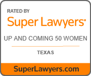 A black advertisement banner with orange and white text promoting Super Lawyers, highlighting 50 women in Texas, with a website link SuperLawyers.com.