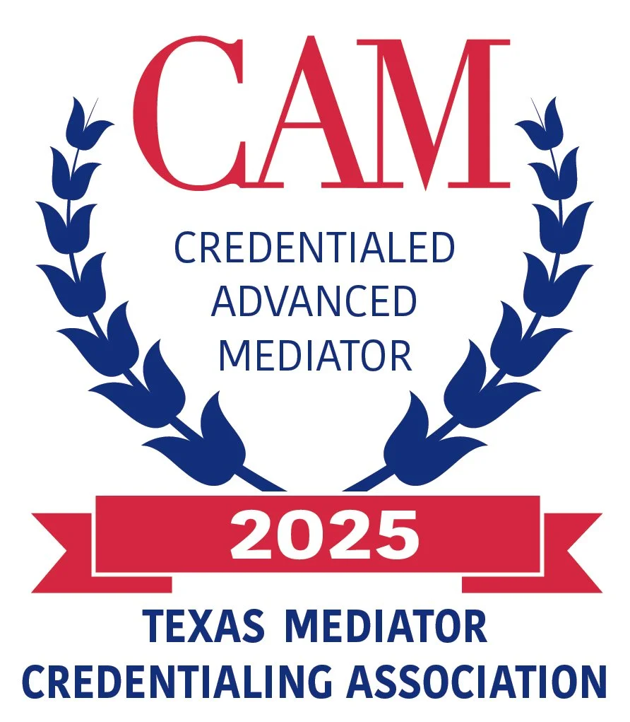 Certification badge for Texas Mediator Credentialing Association, 2025, Credentialed Advanced Mediator.