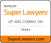 Advertisement for Super Lawyers' Up and Coming 100 in Texas with website superlawyers.com