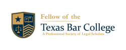 Yellow of the Texas Bar College logo featuring a shield with a star, book, and scales of justice, and text 'Yellow of the Texas Bar College'.