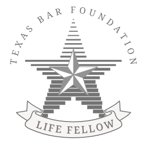 Logo of the Texas Bar Foundation featuring a star with horizontal lines and the words 'Texas Bar Foundation' and 'Life Fellow'.
