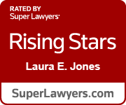 Book cover titled 'Rising Stars' by Laura E. Jones, rated by Super Lawyers, with a red background.