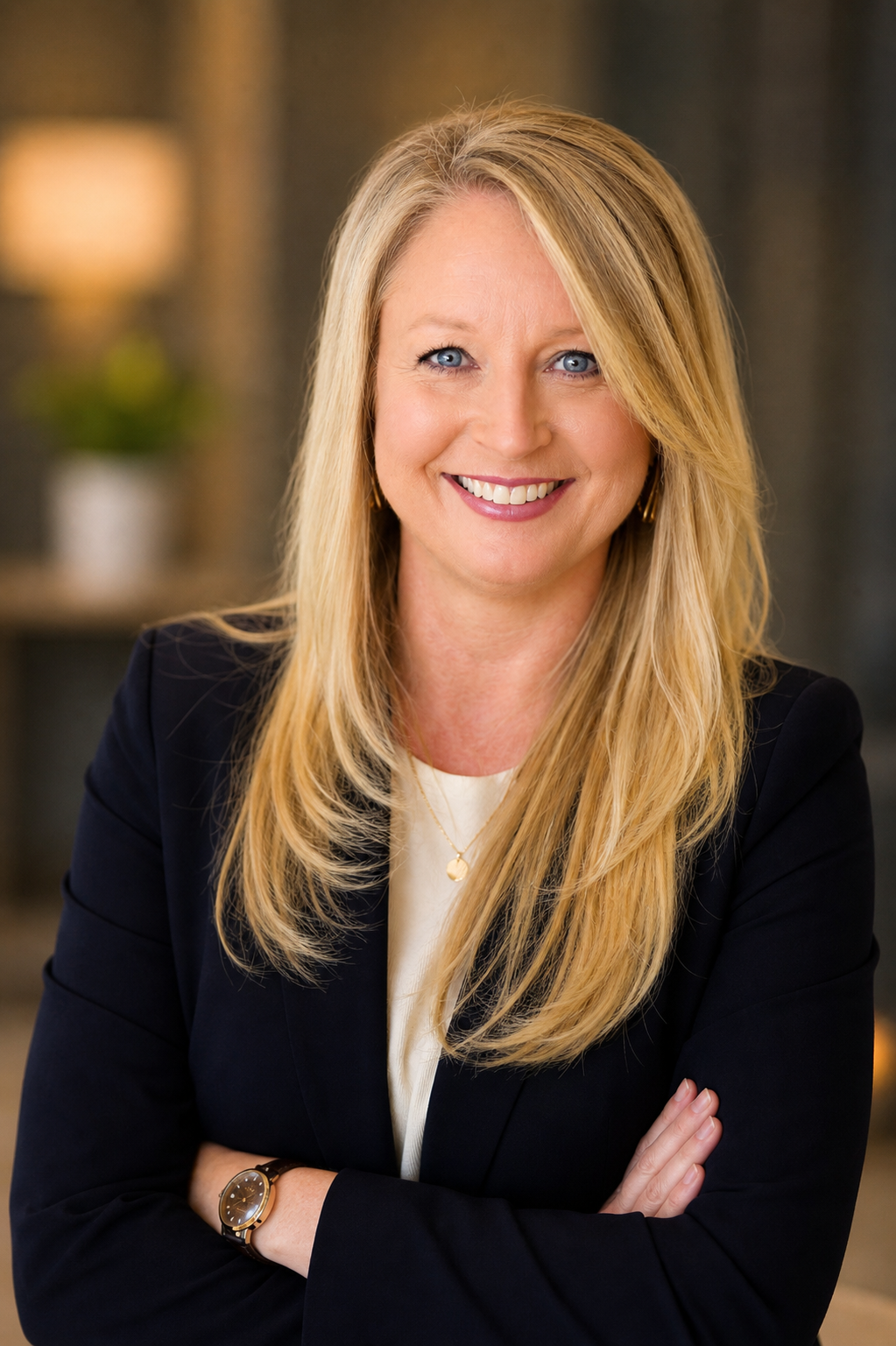 A smiling woman with long blonde hair, wearing a dark blazer, white top, and gold jewelry, standing with her arms crossed in an indoor setting.