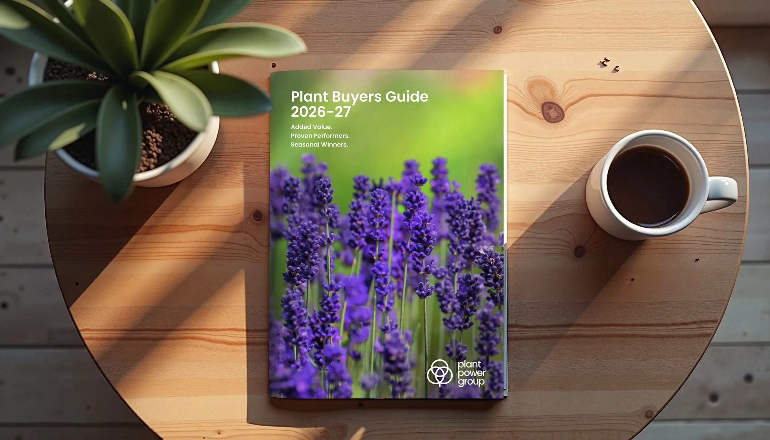 View of a wooden table with a potted succulents plant on the top left corner, a pamphlet titled 'Plant Buyers Guide 2026-27' with a photograph of purple lavender flowers, and a white mug filled with coffee on the bottom right corner.