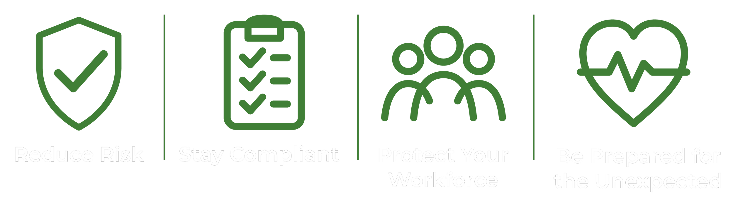 Four green icons with text: shield with checkmark labeled 'Reduce Risk', checklist on clipboard labeled 'Stay Compliant', group of people labeled 'Protect Your Workforce', heart with electrocardiogram labeled 'Be Prepared for the Unexpected'.