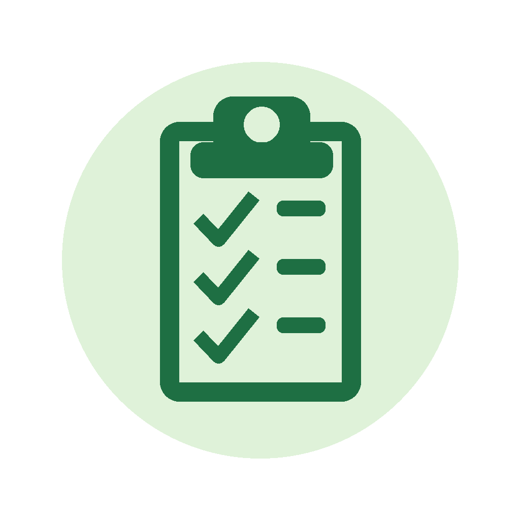 Icon of a clipboard with a checklist and four completed checkmarks.