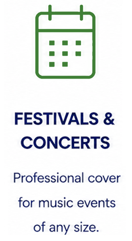 Green calendar icon with text promoting festivals and concerts as professional covers for music events of any size.