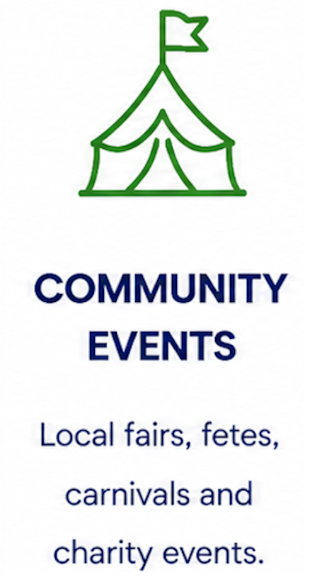 Green outline of a circus tent with a small flag on top, accompanied by text promoting community events, fairs, feasts, carnivals, and charity events.