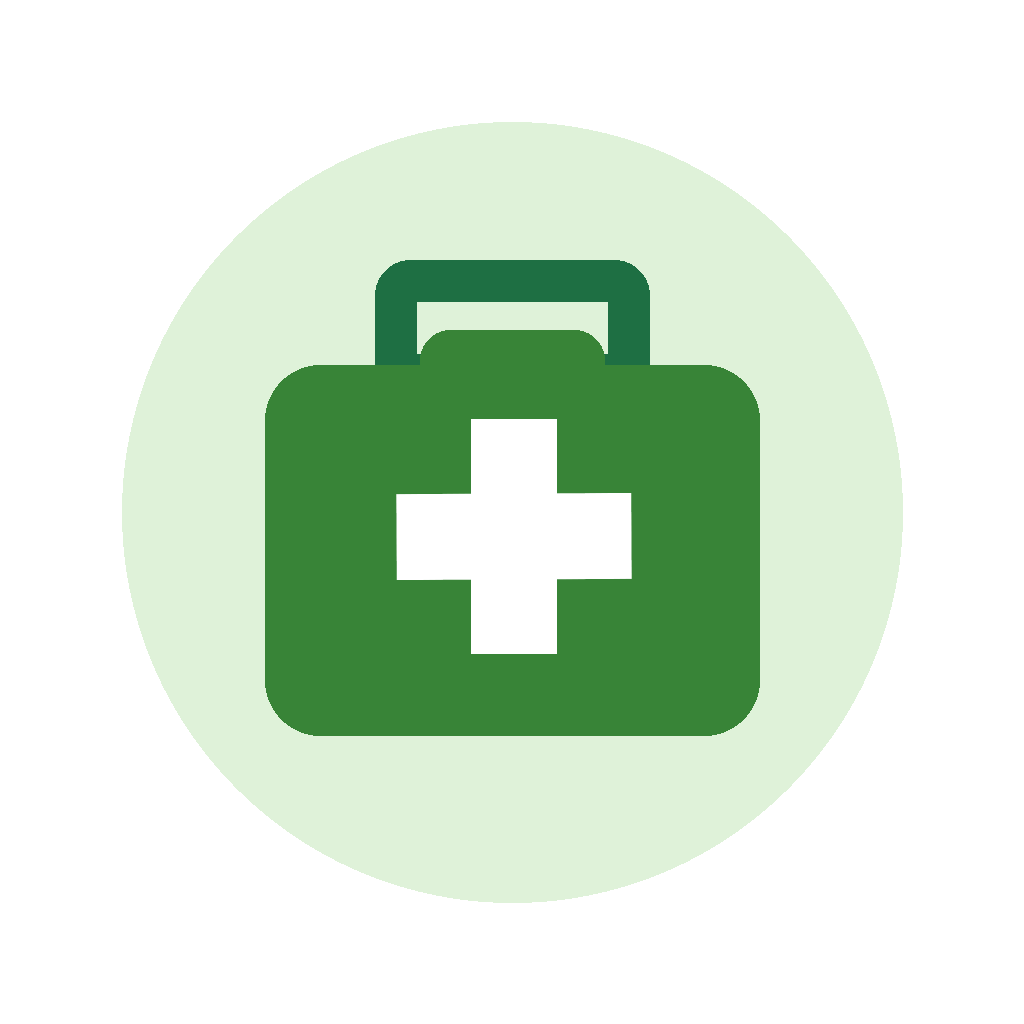 Green first aid kit with white cross icon on a light green circular background