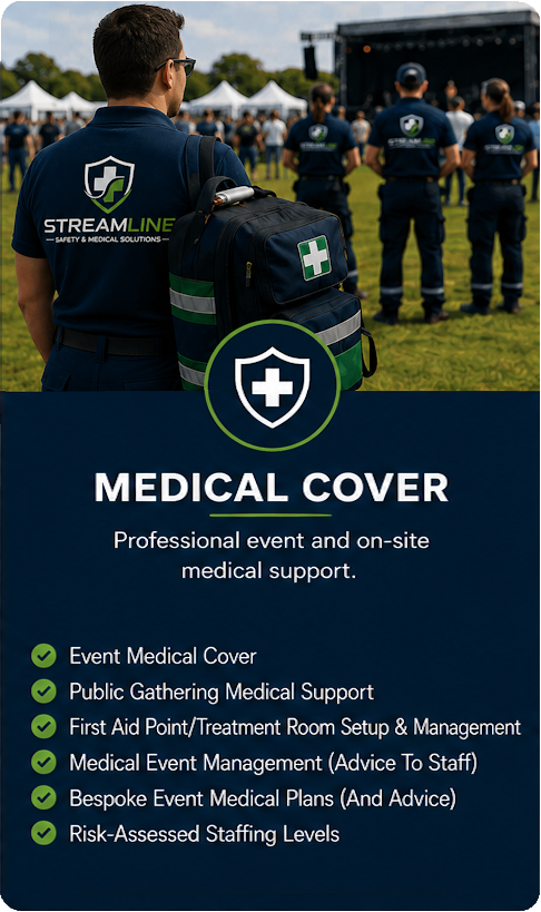 Group of medical support staff in uniforms at an outdoor event, with tents and a stage in the background, promoting professional medical coverage services.