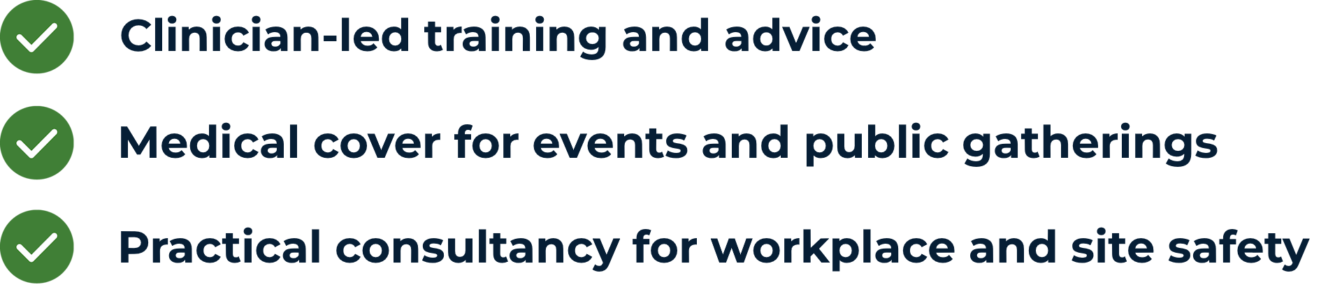 Text list highlighting services including clinician-led training and advice, medical cover for public events, and practical consultancy for workplace safety.