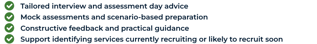 List of four bullet points about interview and assessment strategies, including tailored interview advice, mock assessments, constructive feedback, and support for recruiting services.