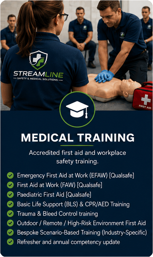 Medical training session with healthcare professionals practicing CPR on a mannequin, with first aid supplies nearby, promoting first aid and workplace safety training.