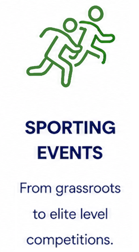 Illustration of two green running figures with the text 'Sporting Events from grassroots to elite level competitions'.