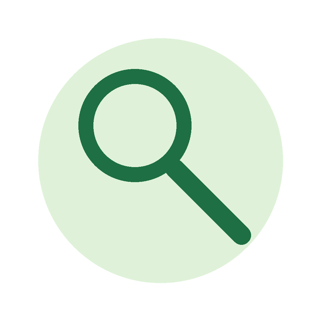 Magnifying glass icon inside a light green circle.