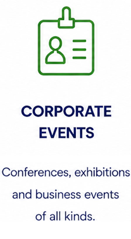 Green outline icon of a name badge with a person and lines representing information, above the text 'Corporate Events'. Below, it says 'Conferences, exhibitions and business events of all kinds'.