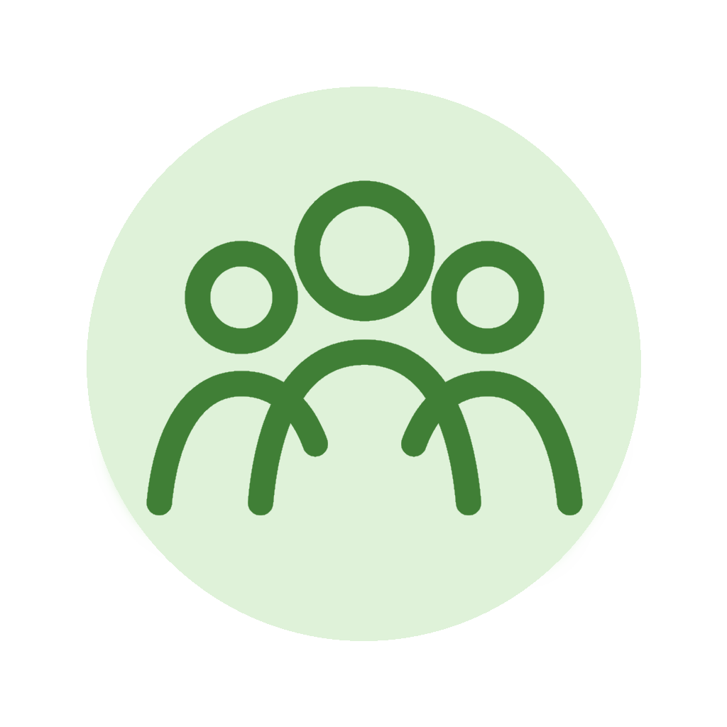 Icon of three people, depicted with simple green outline figures, inside a light green circle.