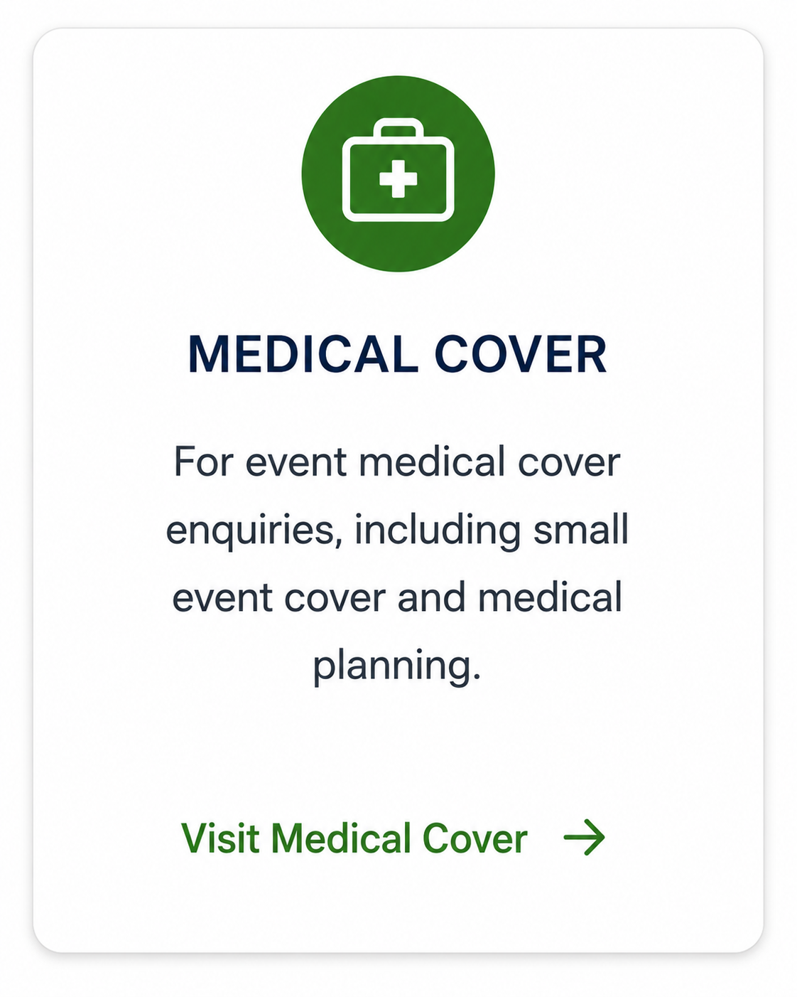A medical cover sign with a green circle and a white medical kit icon with a cross, text indicating its purpose for event medical cover inquiries, and a call to action to visit Medical Cover.