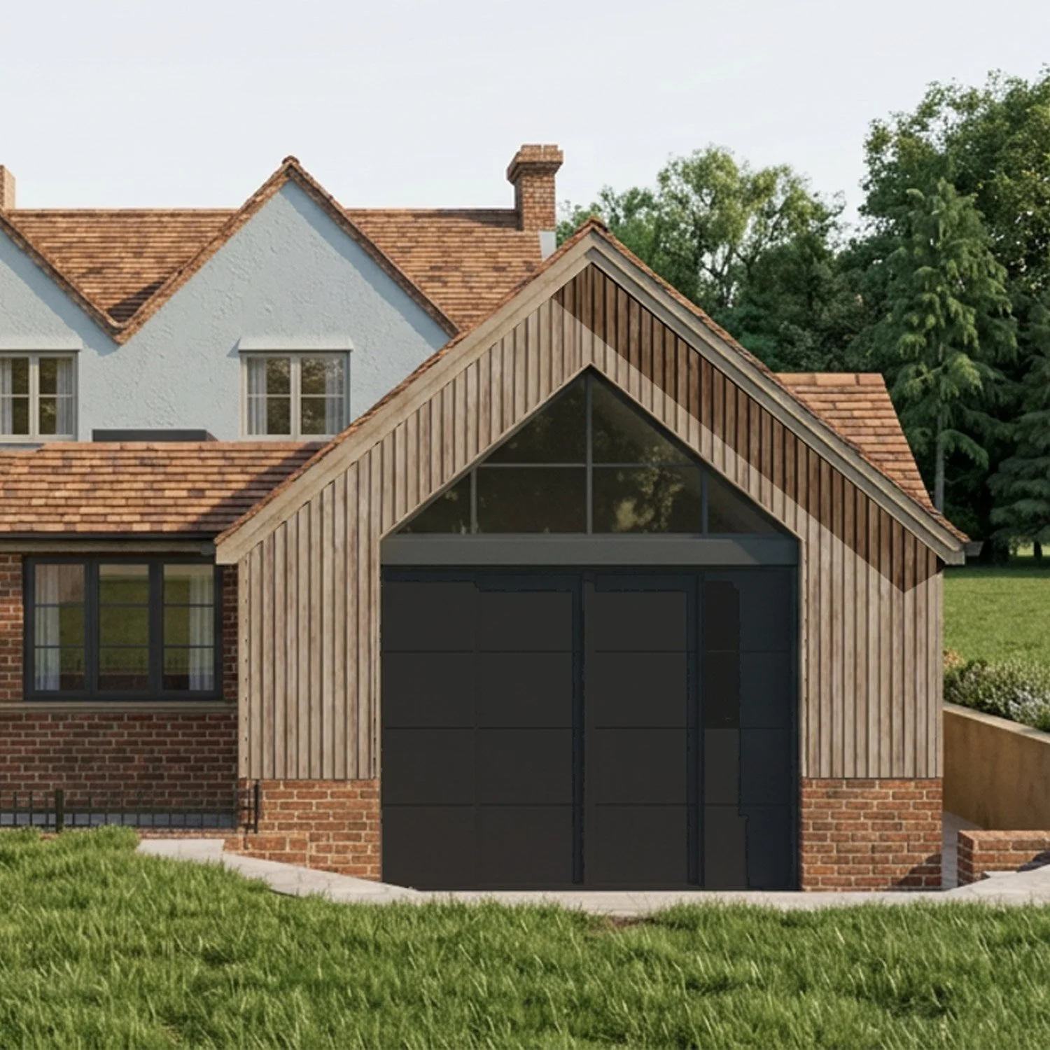 A modern house with a combination of brick, wood, and white stucco exterior, featuring a sloped roof, large windows, and a garage with black doors, surrounded by a lush green lawn and trees in the background.