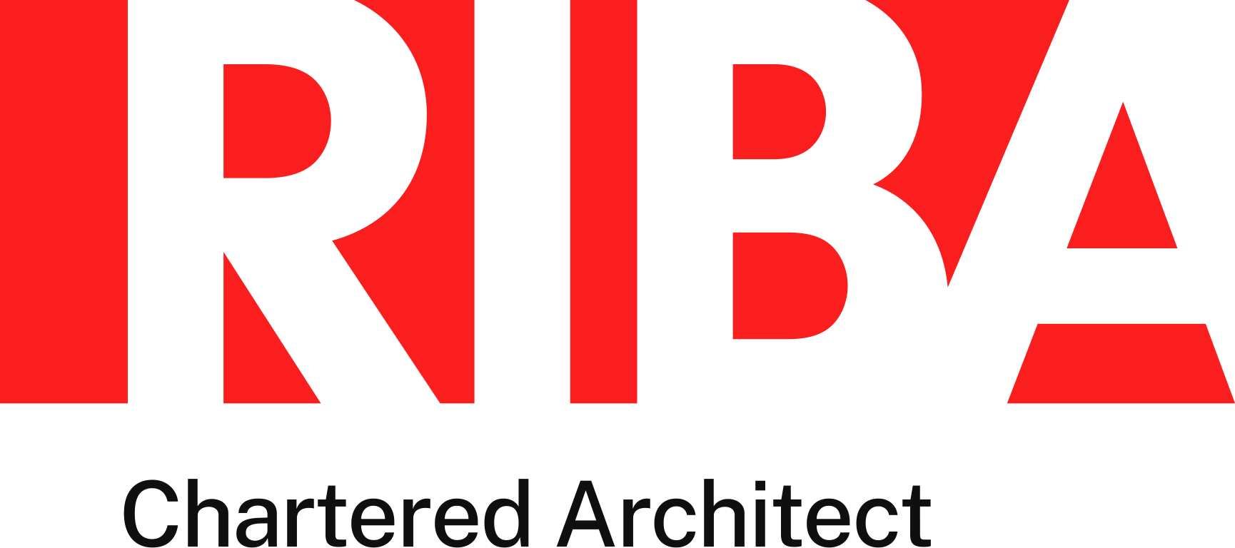 The image features the logo of RIBA Chartered Architect, with 'RIBA' in bold red and black text and 'Chartered Architect' in smaller black letters underneath.
