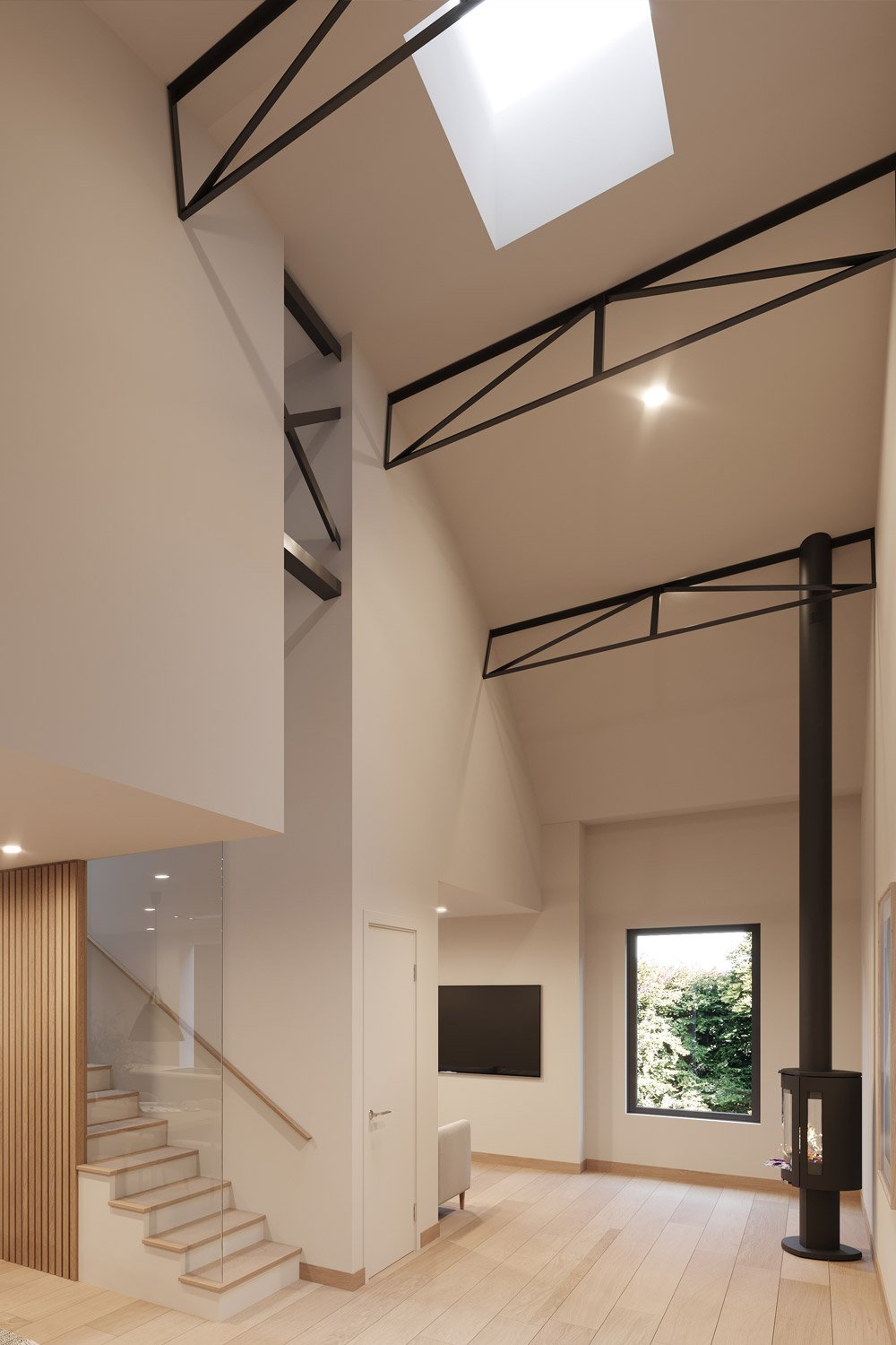 Interior view of a modern living room with high vaulted ceiling, skylight, and exposed black metal beams. There is a window showing greenery outside, a wall-mounted TV, a wood-burning stove, and minimalist decor.