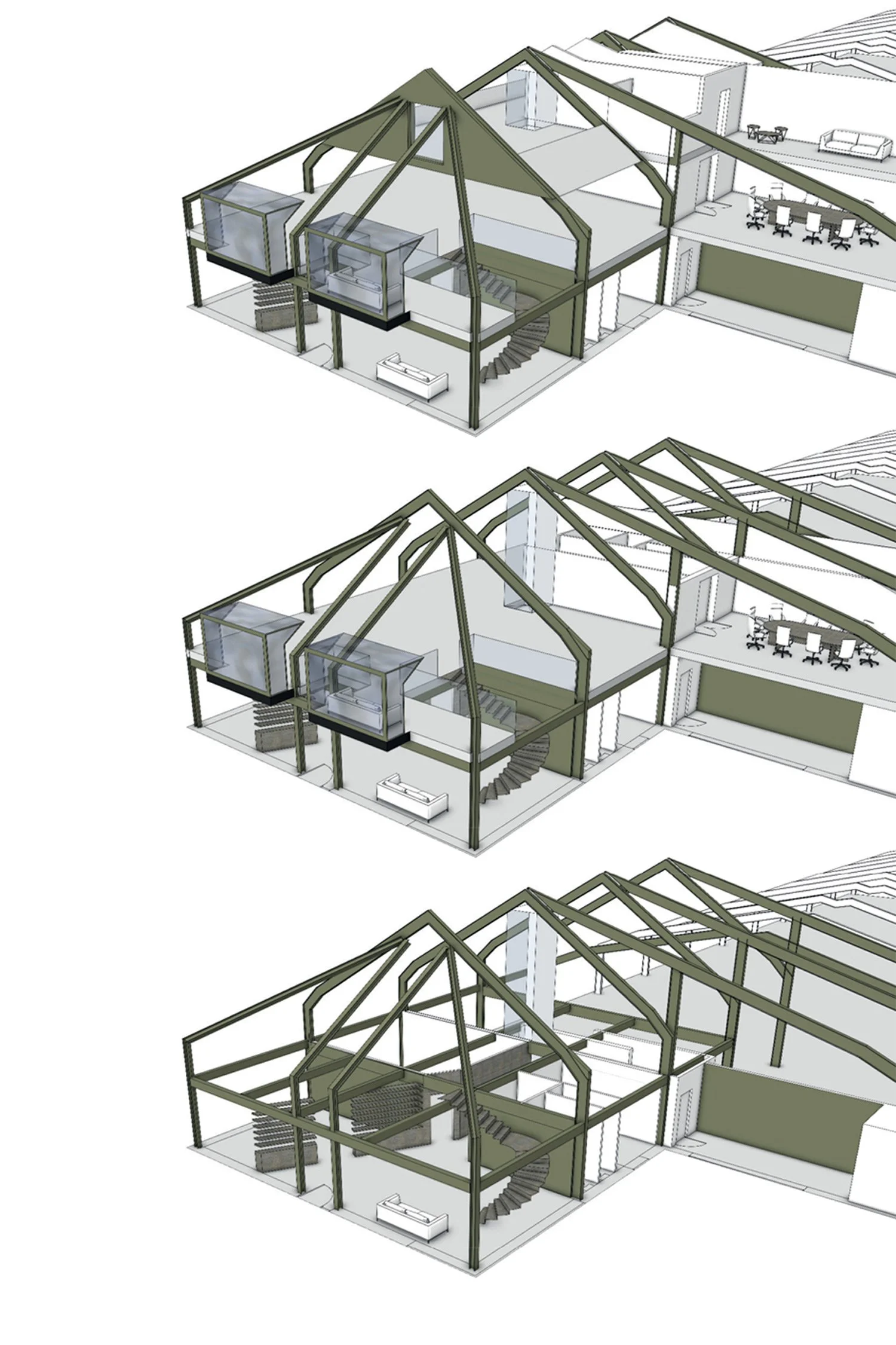 3D architectural rendering of steel frame commercial building with a visible open-concept design, including a staircase and offices, with a sloped roof and large windows.