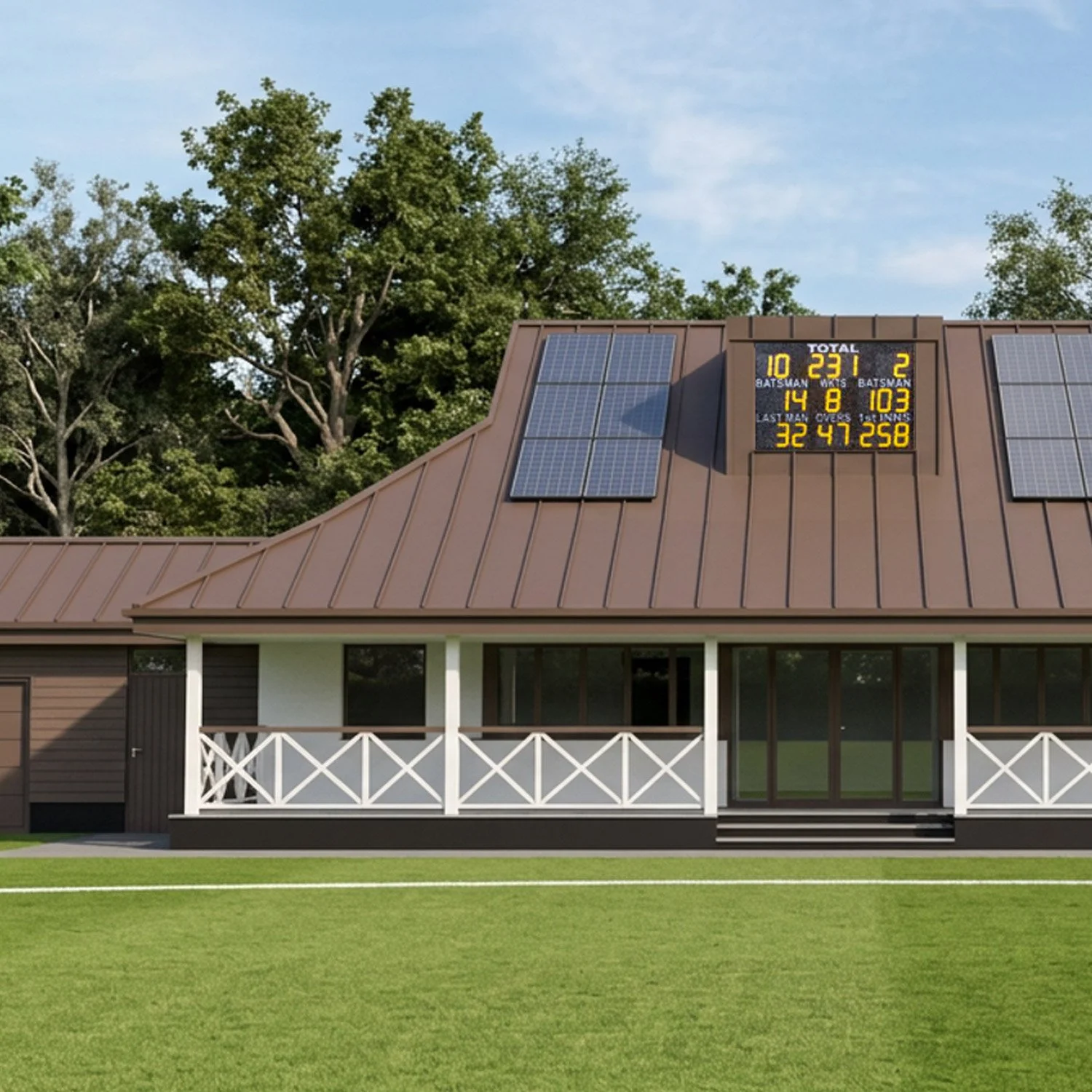 A modern house with a brown metal roof, solar panels, and a large digital scoreboard on the roof showing scores and statistics, surrounded by green trees and grass.