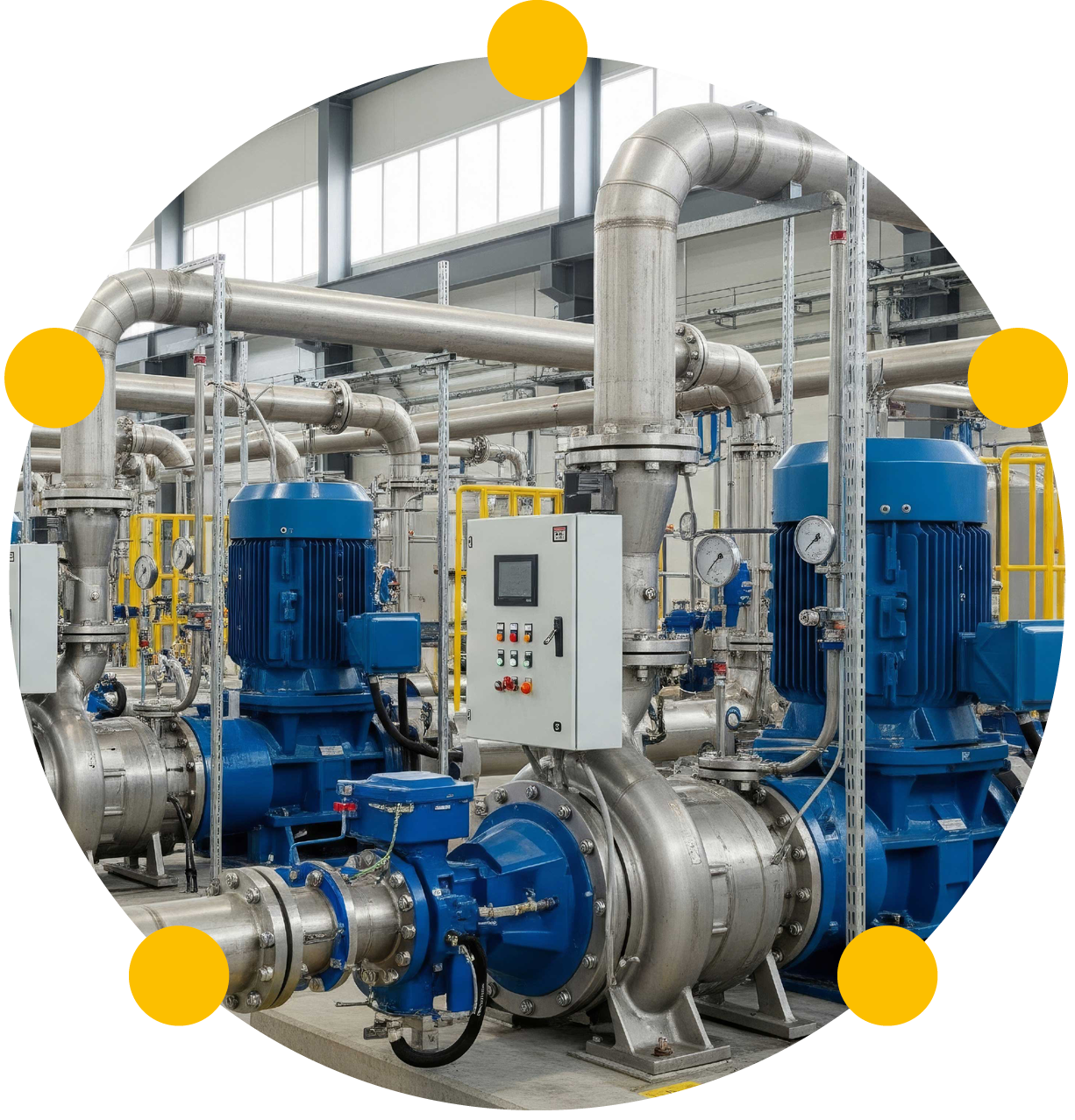 A circular image showing pump installation and maintenance
