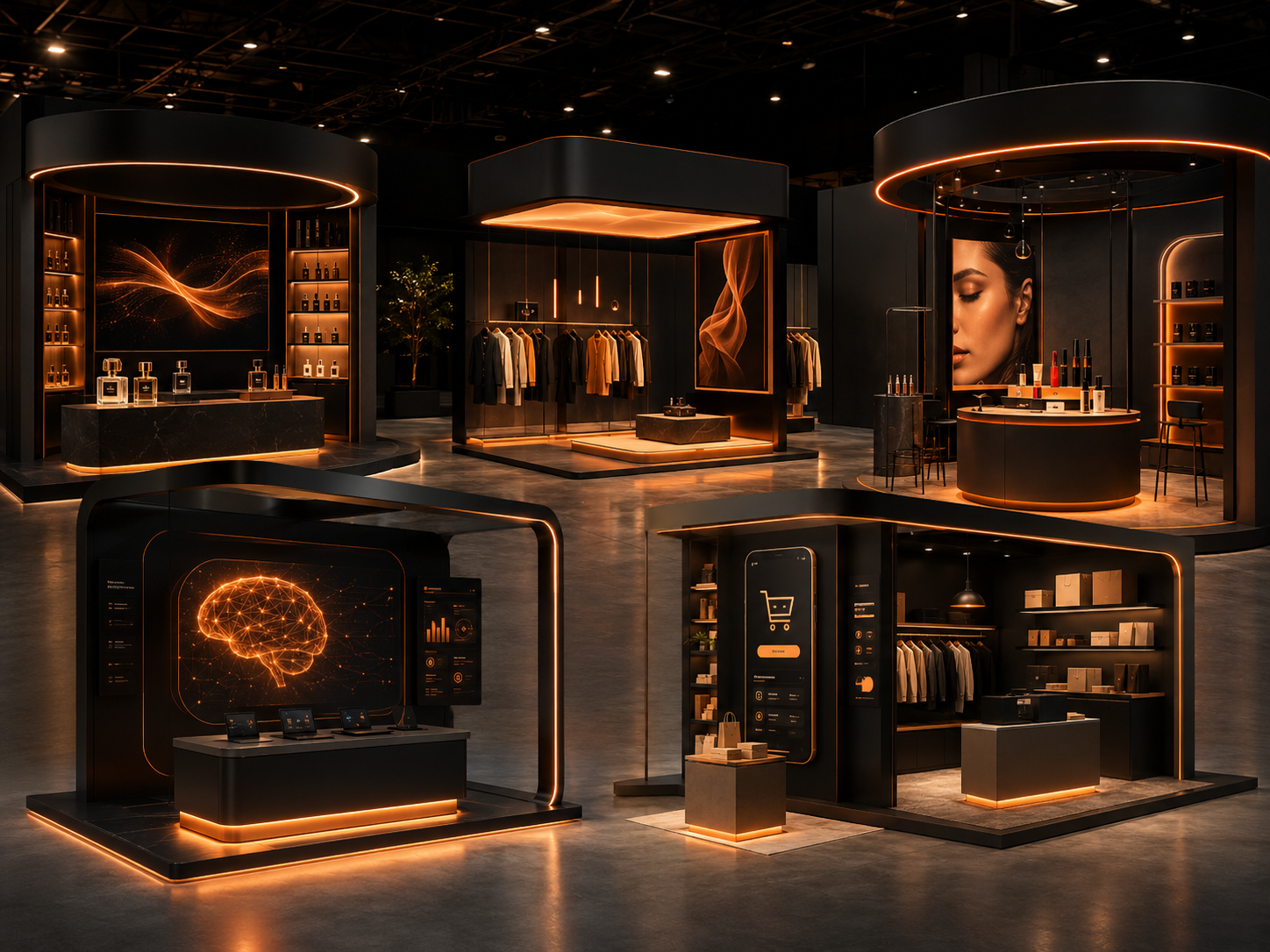 A futuristic retail store with black and orange lighting, displaying clothing, perfumes, electronics, and accessories in a high-tech environment.