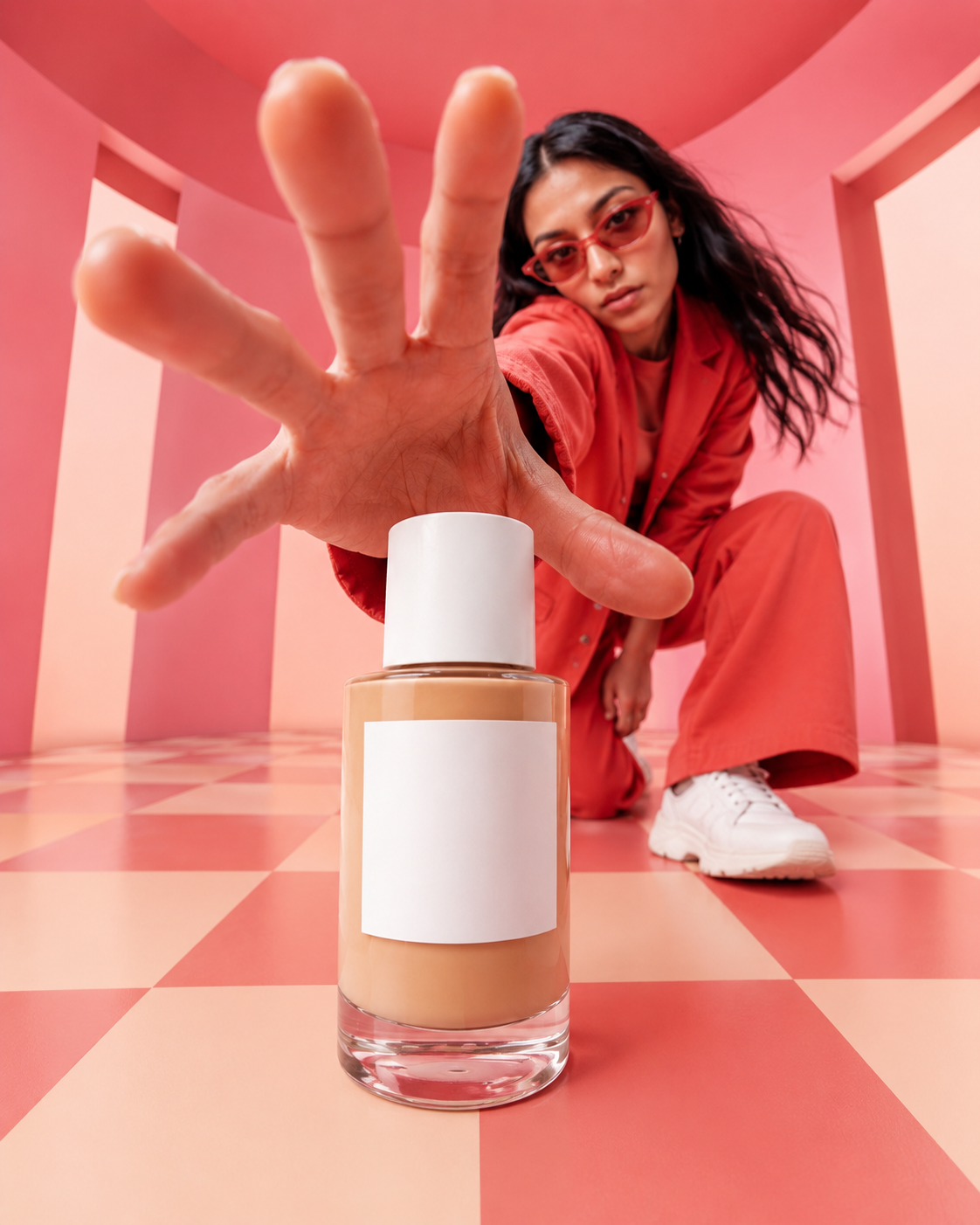 A woman wearing red sunglasses and red outfit crouching behind a bottle of foundation, reaching towards the camera in a pink room with a pink and peach checkered floor.