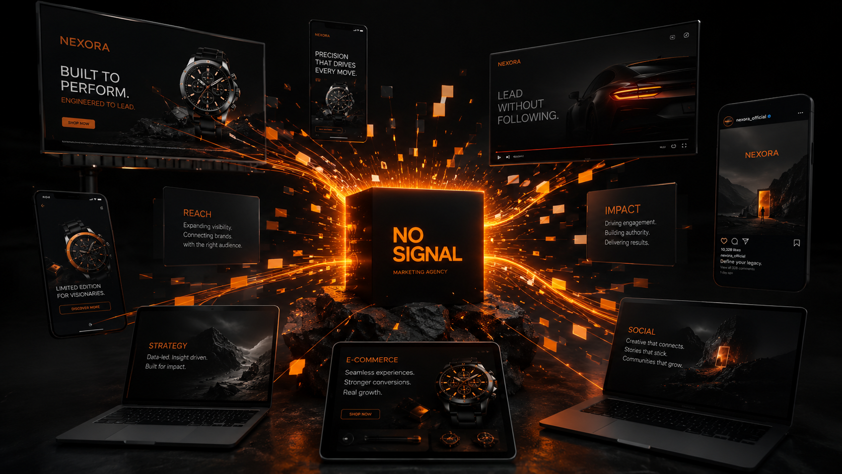 Digital marketing display with multiple screens and laptops showcasing branding for NEXORA, glowing orange sparks, and central block with 'NO SIGNAL' text.