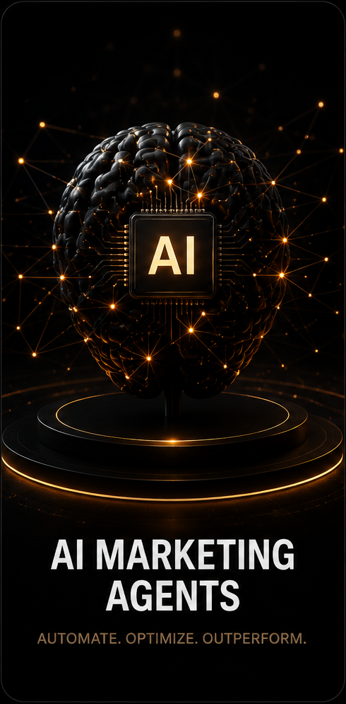 A digital illustration of a brain with a computer chip labeled 'AI' at its center, surrounded by glowing points and lines resembling a neural network, with text "AI Marketing Agents" and the tagline "Automate. Optimize. Outperform."