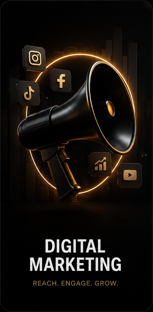 A digital marketing promotional graphic featuring a black megaphone surrounded by social media icons including Instagram, TikTok, Facebook, and YouTube. The icons are illuminated with a golden glow against a dark background. The text reads "Digital Marketing" with a subtitle "Reach. Engage. Grow.".