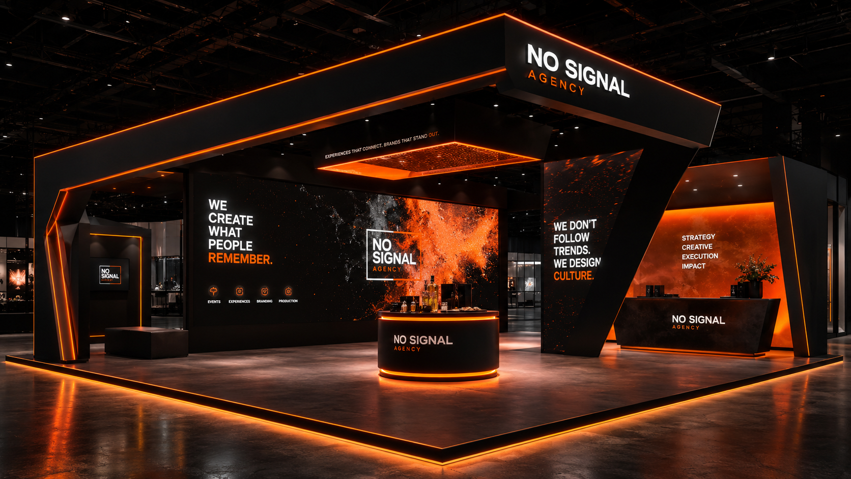 Exhibition booth for NO SIGNAL Agency with a black and orange futuristic design, illuminated signage, and various displays promoting branding and creative services.