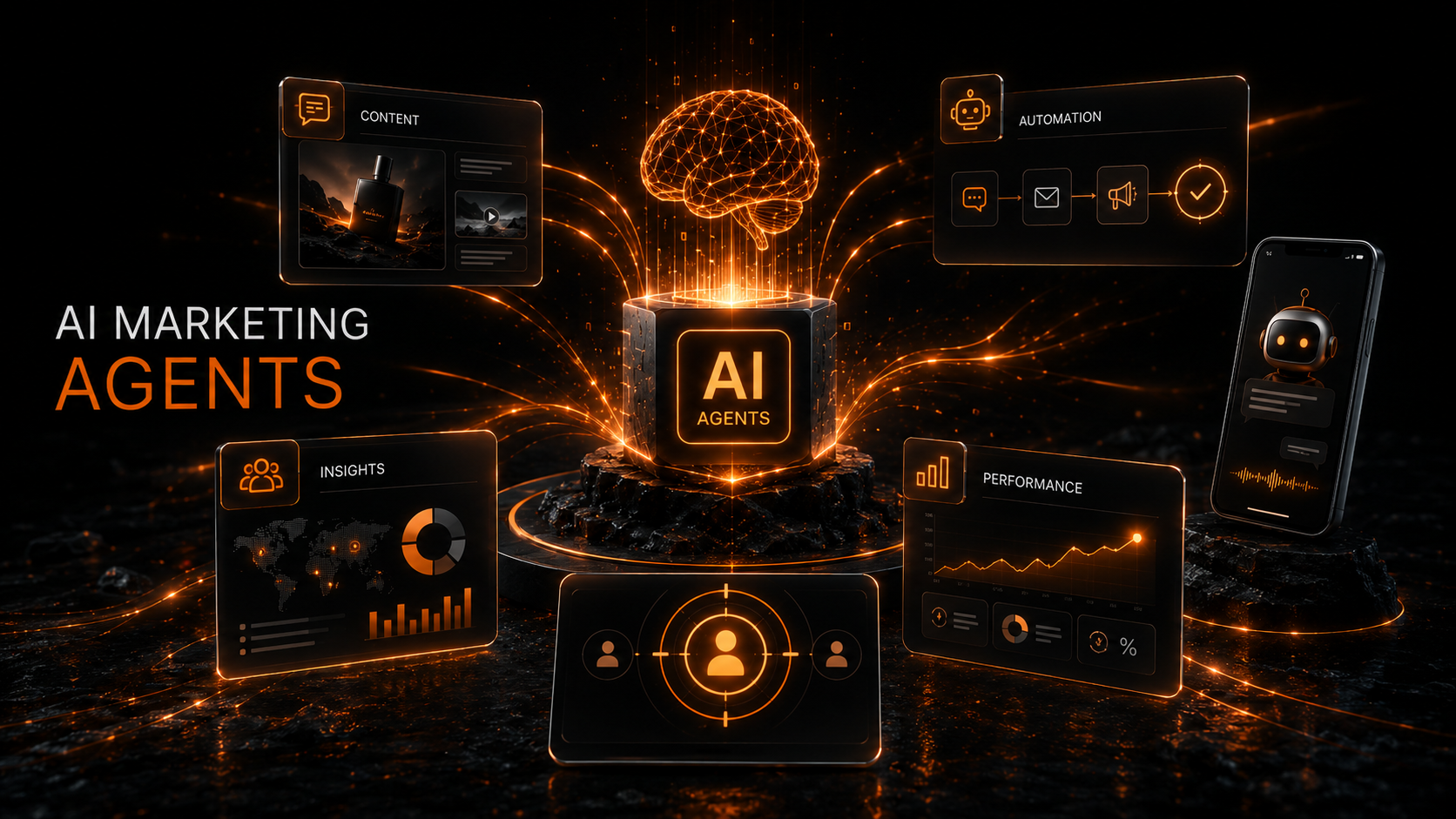 Digital illustration of artificial intelligence marketing agents with glowing orange and black design, featuring a brain icon, charts, a chatbot, robot and user icons, and analytics data on futuristic screens.