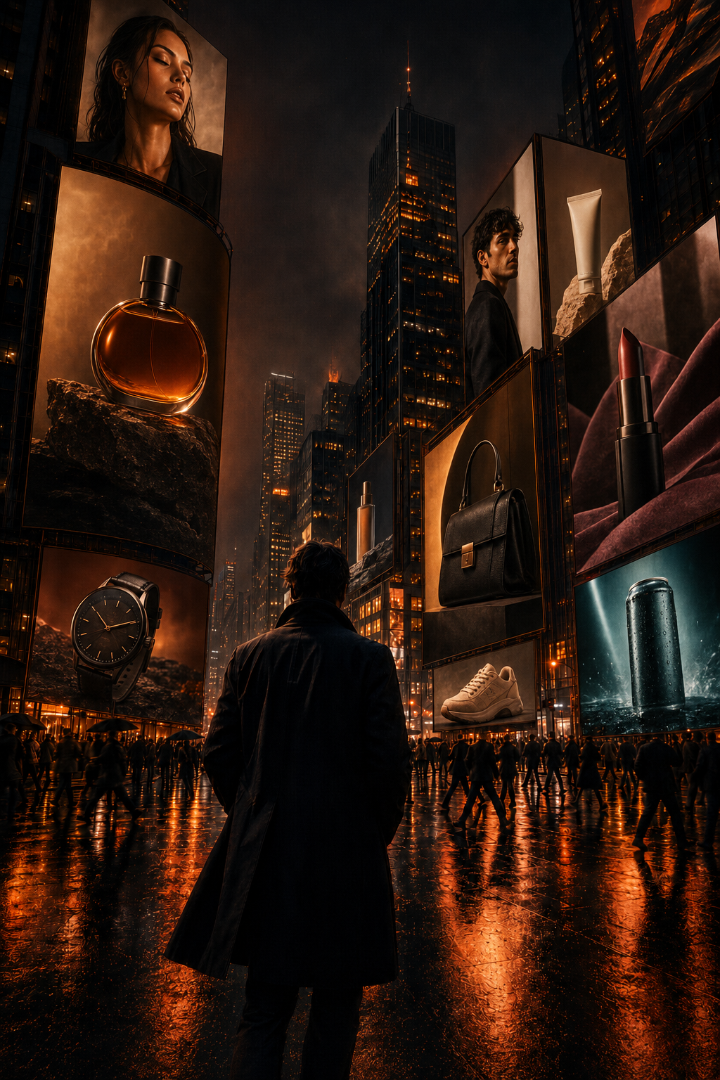 A man stands in a futuristic city square at night, surrounded by large illuminated billboards displaying fashion, cosmetics, and accessories.