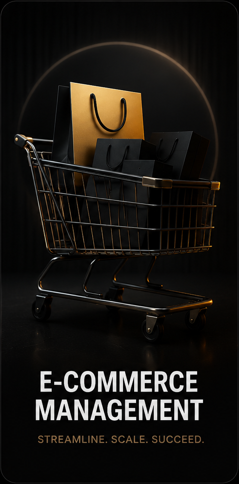 A shopping cart filled with black and gold shopping bags against a dark background, with text reading 'E-Commerce Management' and 'Streamline. Scale. Succeed.'
