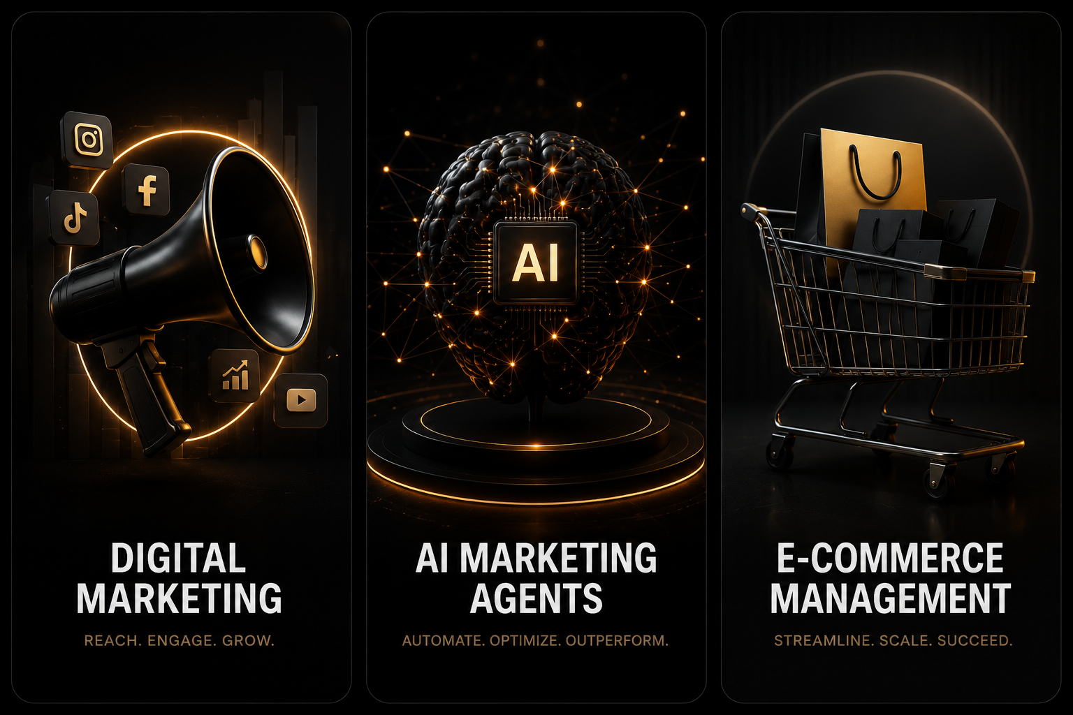 Three digital concepts: a megaphone with social media icons for marketing, a brain with AI chip for AI marketing agents, and shopping carts with shopping bags for e-commerce management, all with a sleek, black background and gold accents.