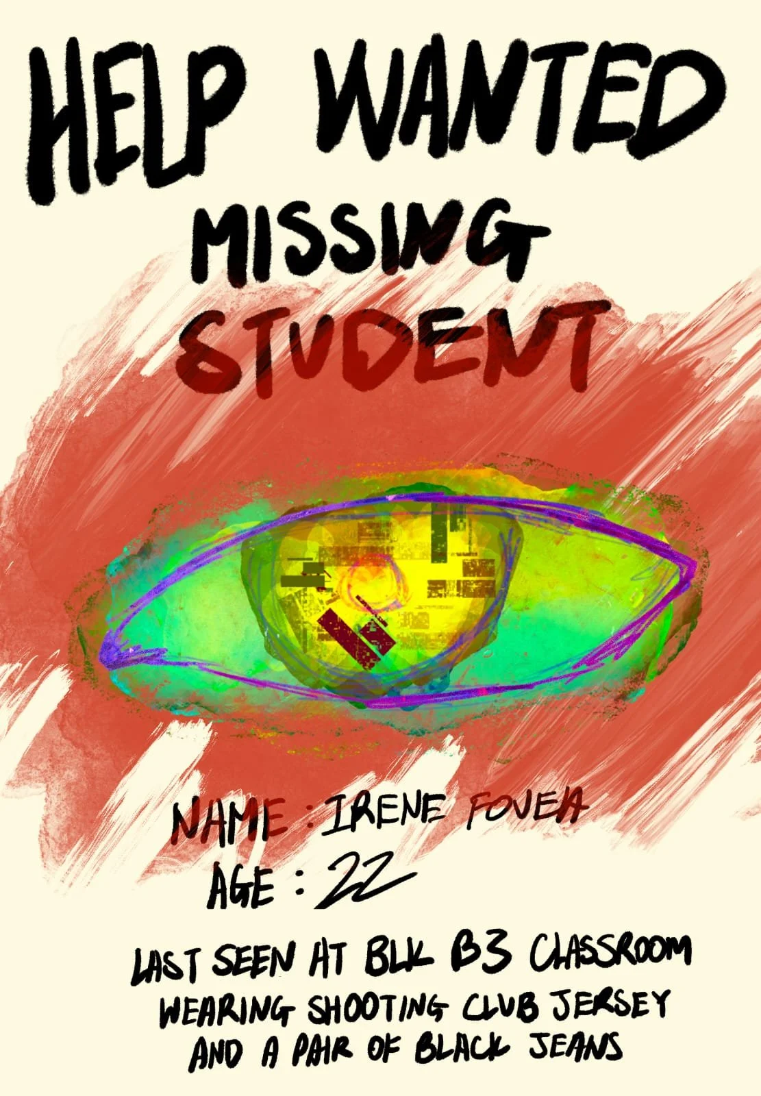 A colorful missing person poster for an amazing race.