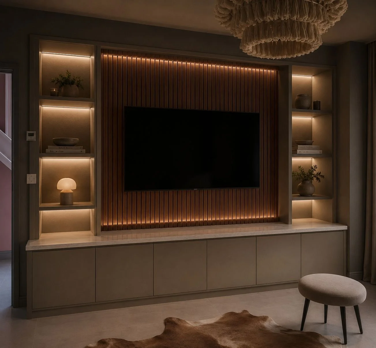 Living room entertainment area with a wall-mounted flat-screen TV, built-in shelves with decorative items and lighting, and a beige console cabinet below. There is a small upholstered stool and a cowhide rug in the foreground, with soft lighting and a decorative ceiling fixture.
