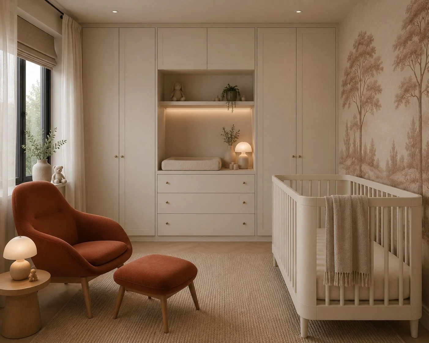 A nursery room with white furniture, a crib with a blanket hanging over the side, a changing table with drawers, a red armchair with matching footstool, a small side table with a lamp, and wall mural with trees. There is a window with white curtains and decorative items like a teddy bear and vases.