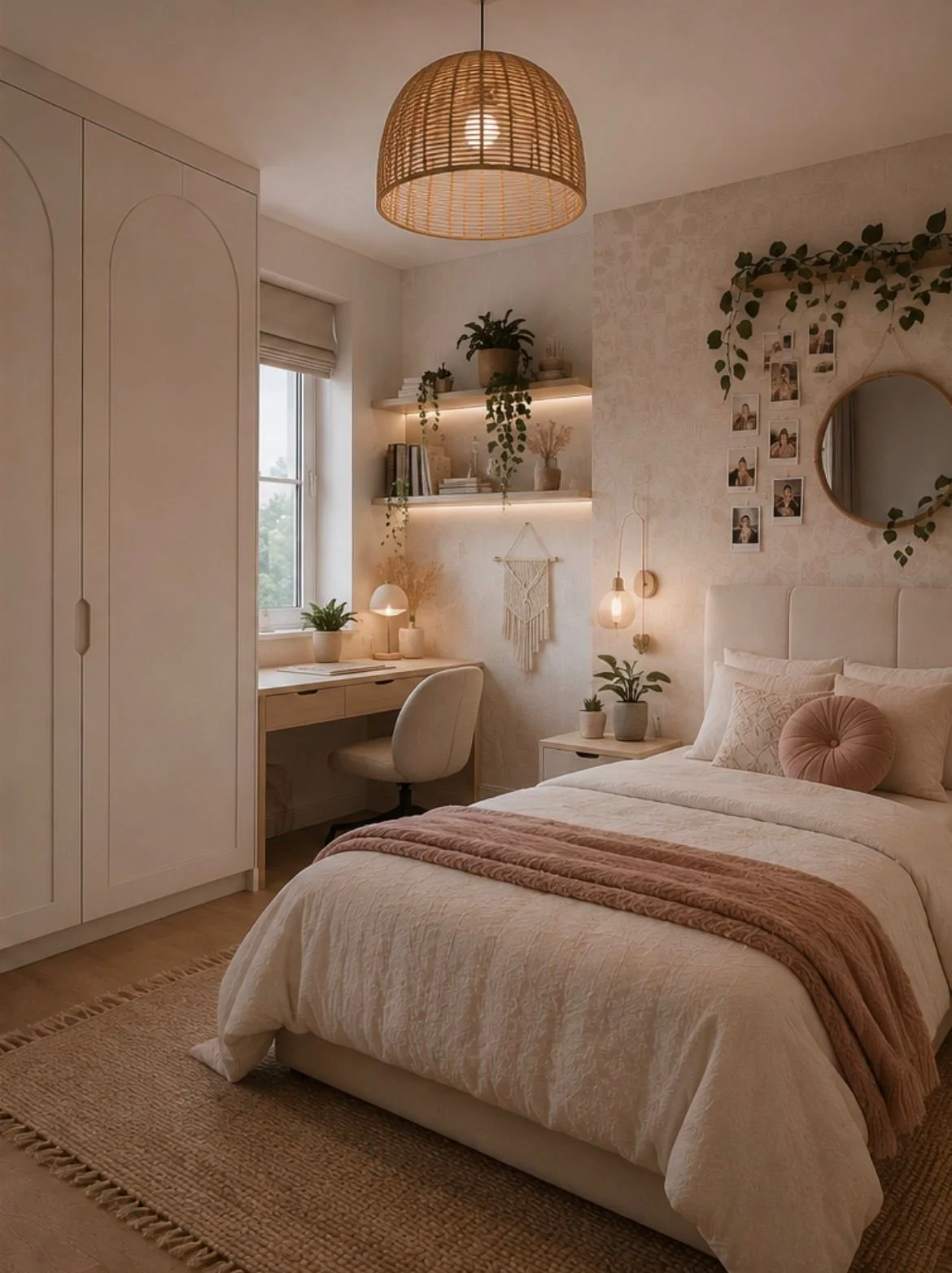 A cozy bedroom with a white bed, blush pink accents, and soft lighting. There are plants, a desk with a chair, wall shelves, and decorative photos on the wall.
