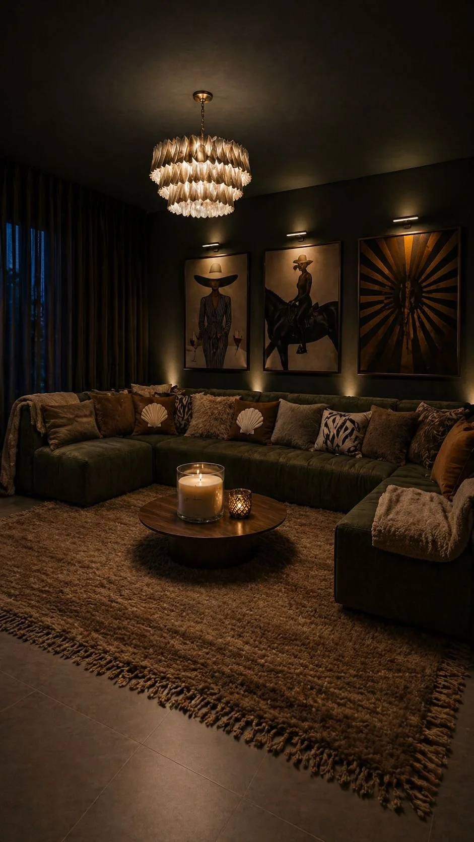 A dimly lit living room with a sectional sofa, decorative pillows, a central wooden coffee table with candles, dark-colored walls with three framed art prints, a textured area rug, and a stylish chandelier overhead.