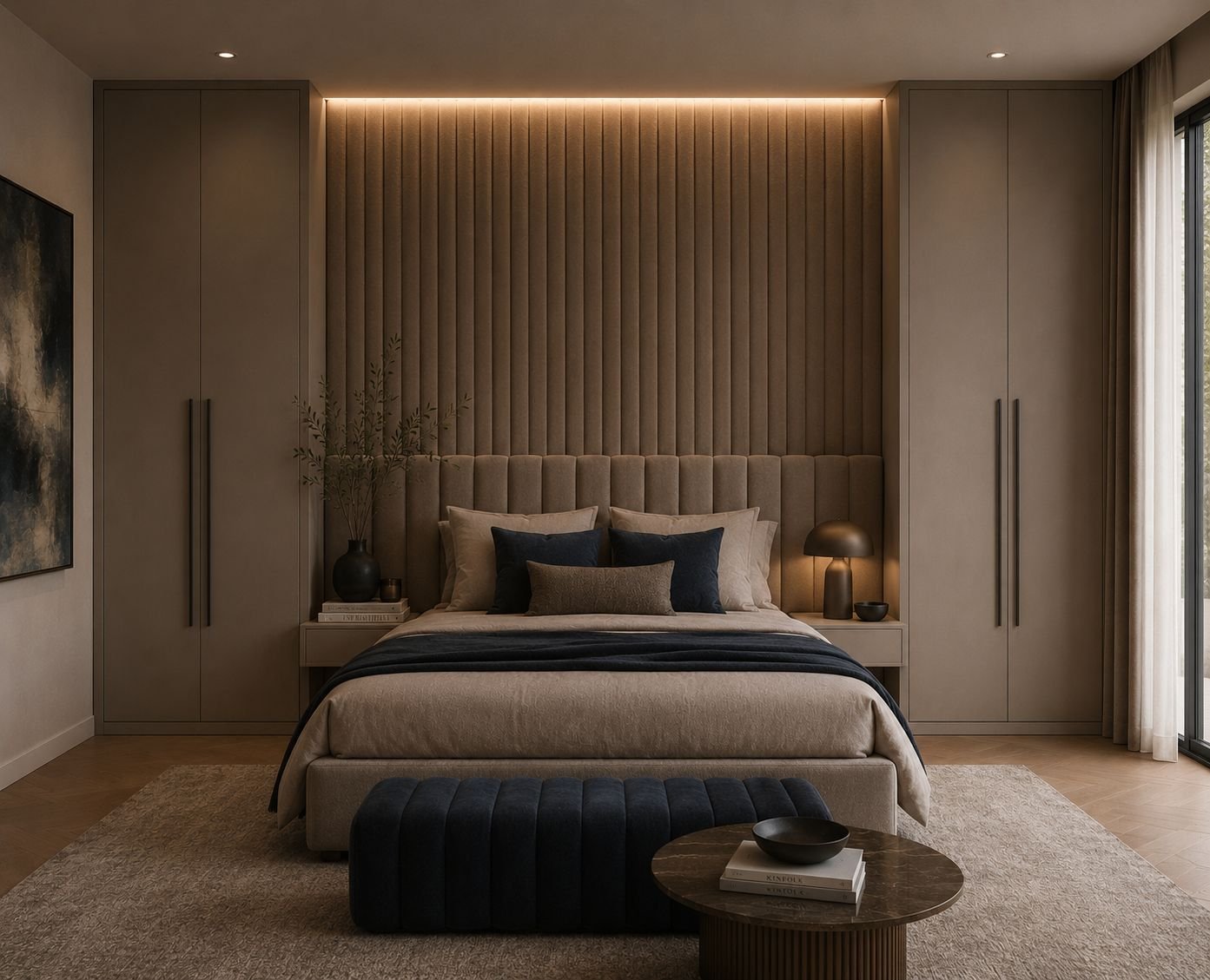 Modern bedroom with beige upholstered headboard, built-in wardrobes, and minimalist decor. There are plush pillows, a black bench at the foot of the bed, a round side table with books and a bowl, and soft lighting behind the headboard. Large window with curtains allows natural light.