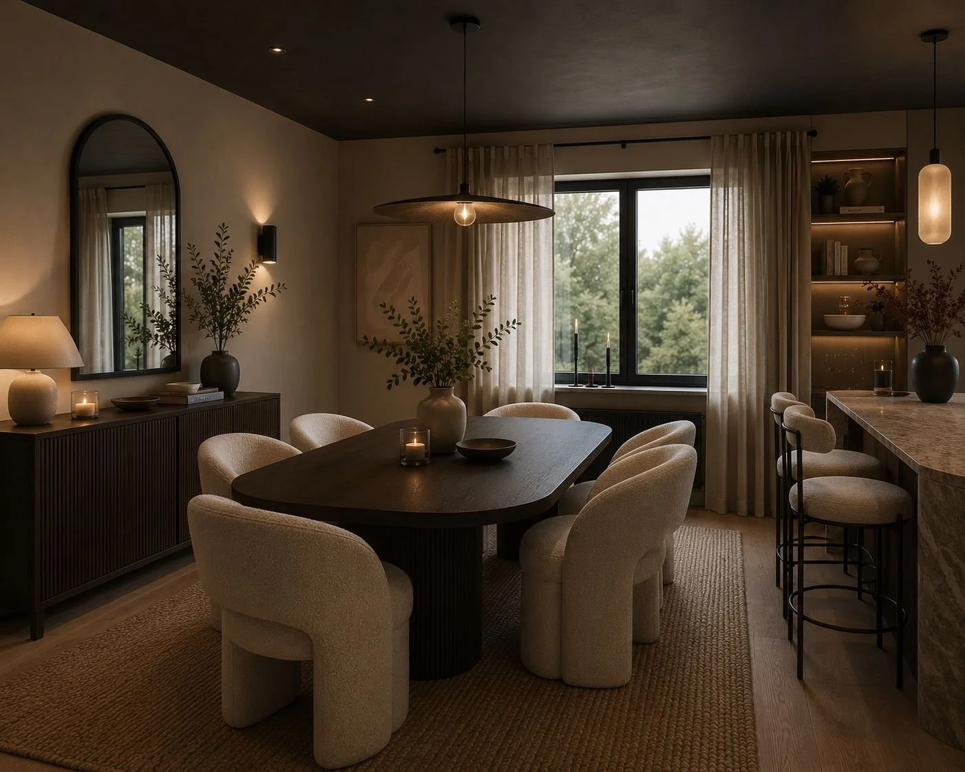 A cozy dining room with a rustic dark wood table surrounded by cream-colored upholstered chairs. The room has warm lighting, candles, and decorative vases with greenery. A large window with sheer curtains reveals a view of trees outside.