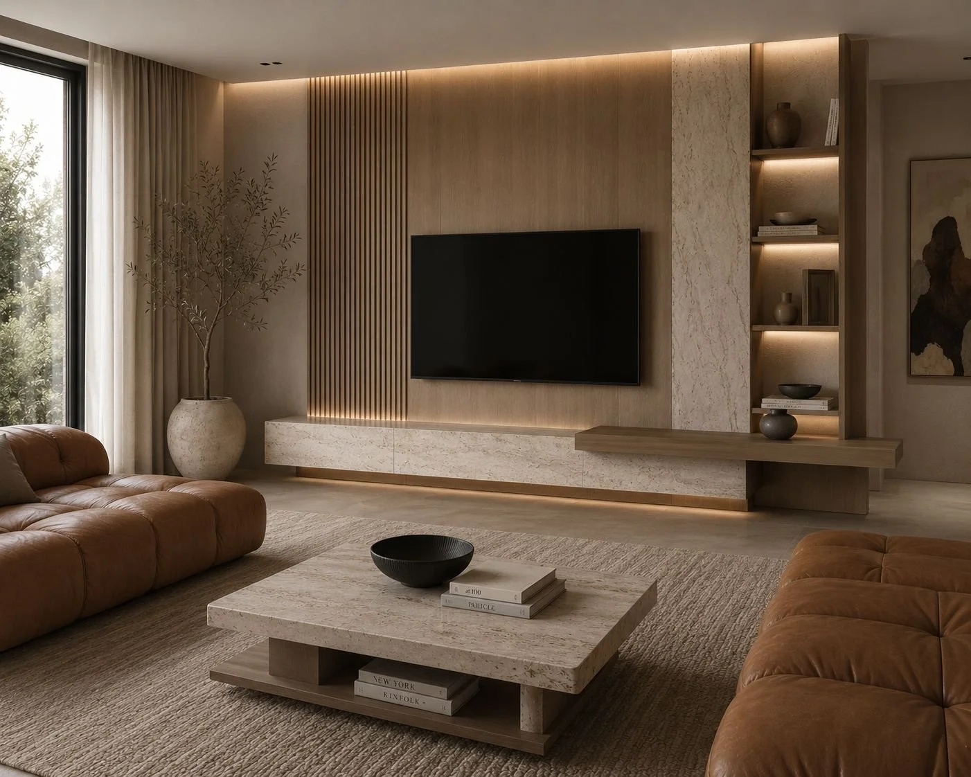Modern living room with leather sofas, a marble coffee table, a flat-screen TV on a wooden wall, and decorative shelves with vases and books.