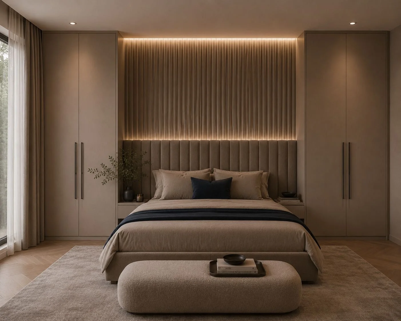 Modern bedroom with a beige upholstered bed, pillows, and a black throw. Built-in closets on each side with long handles. A padded bench at the foot of the bed with a tray holding a bowl and books. Soft lighting behind a textured headboard and beige curtains on the left.