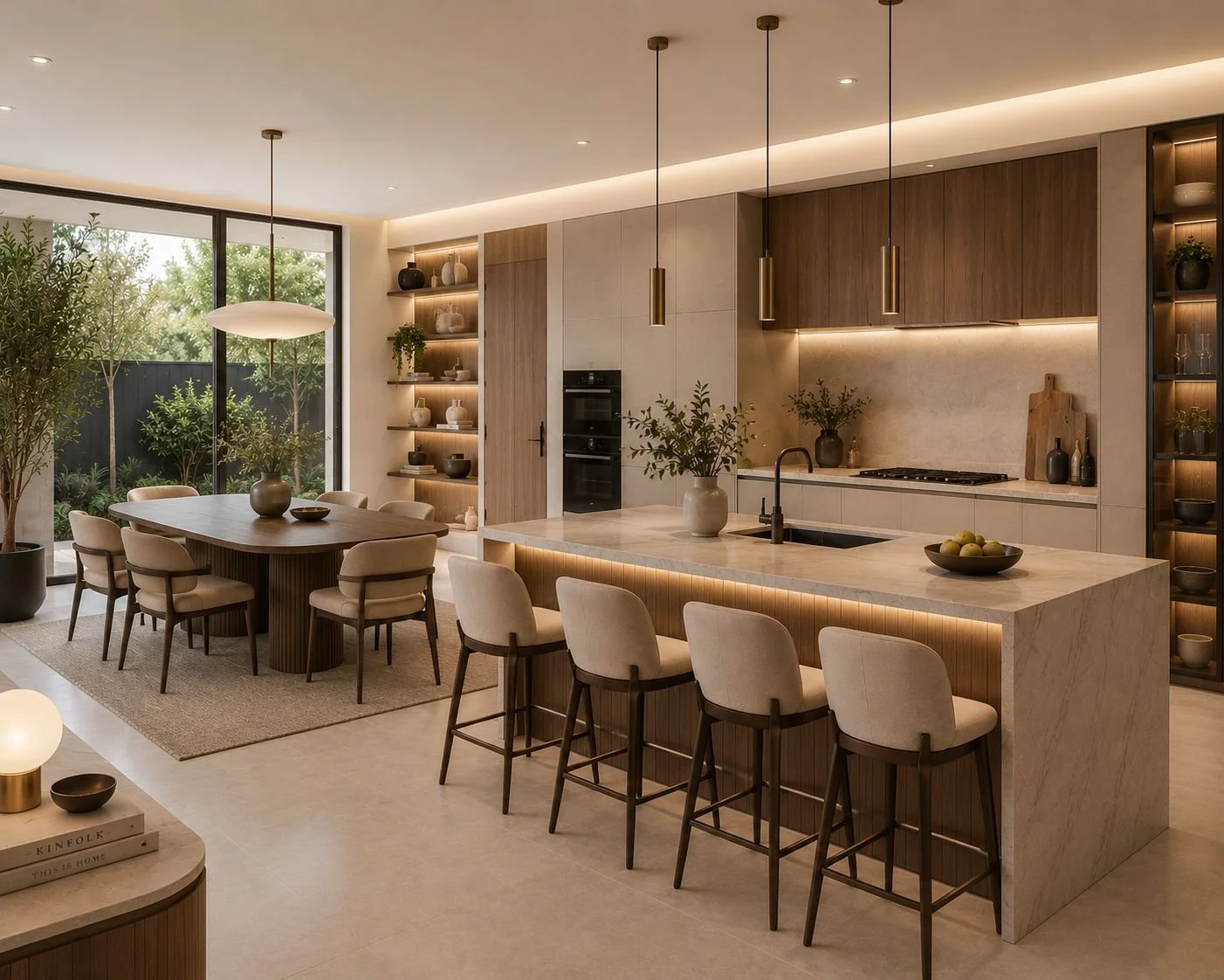 Modern kitchen and dining area with large island, beige chairs, and built-in shelves with decor, overlooking garden through large glass doors.