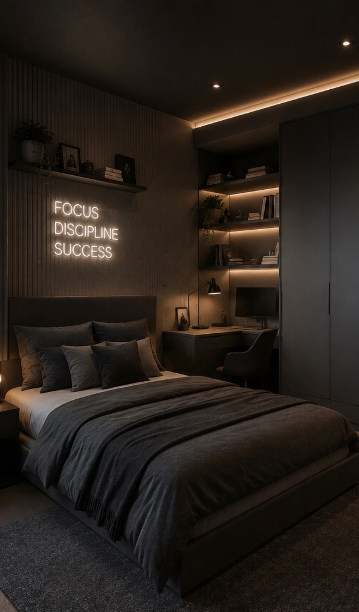 A modern bedroom with dark gray bedding, multiple gray pillows, and a wooden bed frame. A neon sign on the wall displays the words "FOCUS DISCIPLINE SUCCESS." A nearby desk has a lamp, a small monitor, and bookshelves with books and decorative items. The room has warm lighting and a minimalist, cozy aesthetic.